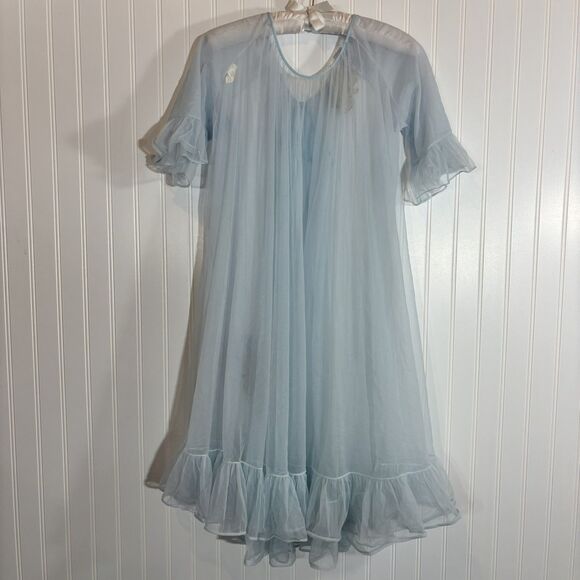 Vtg Lisette Lingerie Blue Lace Chiffon Robe Sz Med Peignoir Negligee Sheer Lace - Picture 2 of 13